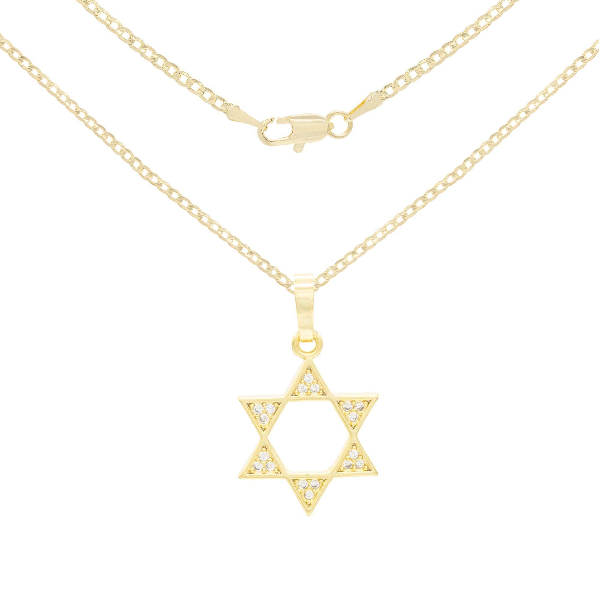 Star Of David Cubic Zirconia Pendant With 14K Gold Filled Rope Box Curb Chain Necklace Set 18" 20" 24"