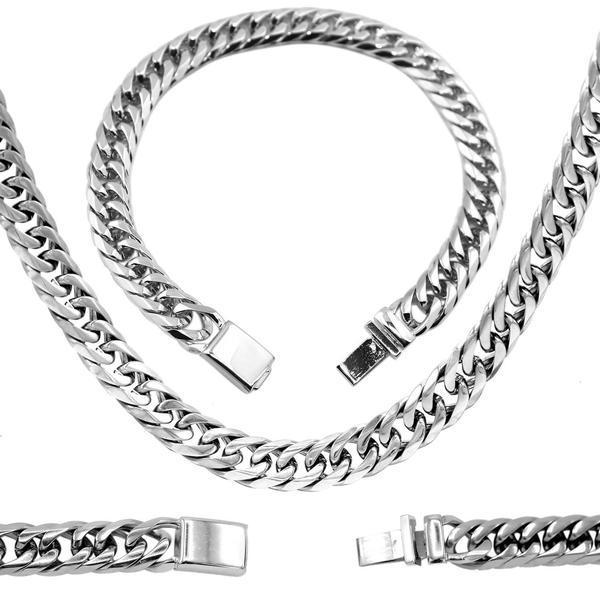 Miami Cuban Link Chain Necklace Bracelet Stainless Steel Set Men Wholesale Jewelry image