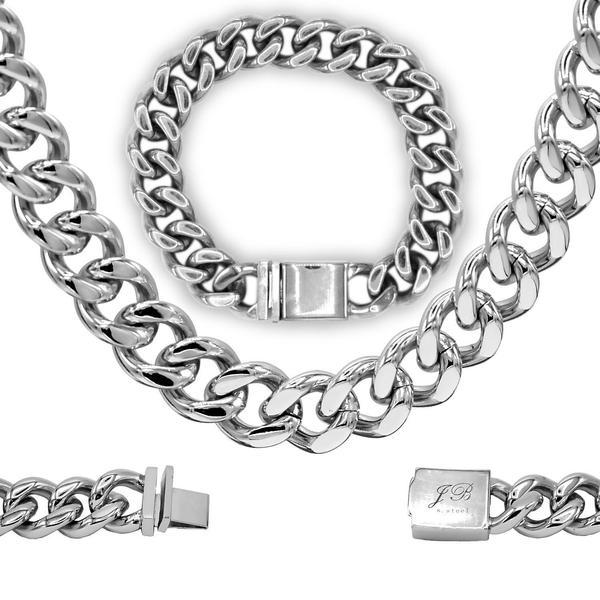 Miami Cuban Link Chain Necklace Bracelet Stainless Steel Set Men Wholesale Jewelry 14 mm