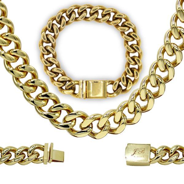 Miami Cuban Link Chain 18K Gold Plated Necklace Bracelet Set Men Wholesale Jewelry 14 mm image