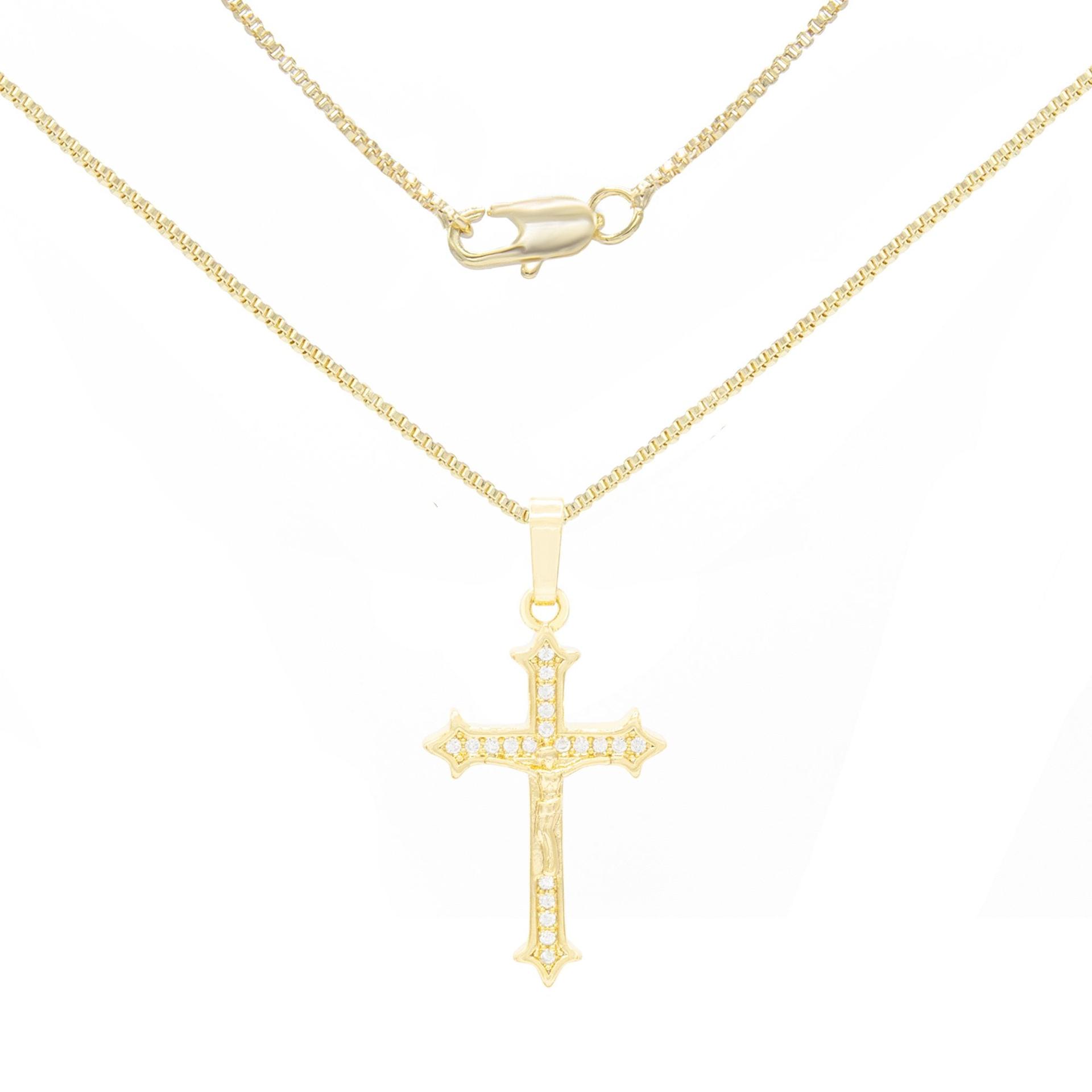 Crowned Cross Cubic Zirconia Pendant With 14K Gold Filled Rope Box Curb Chain Necklace Set 18" 20" 24" image