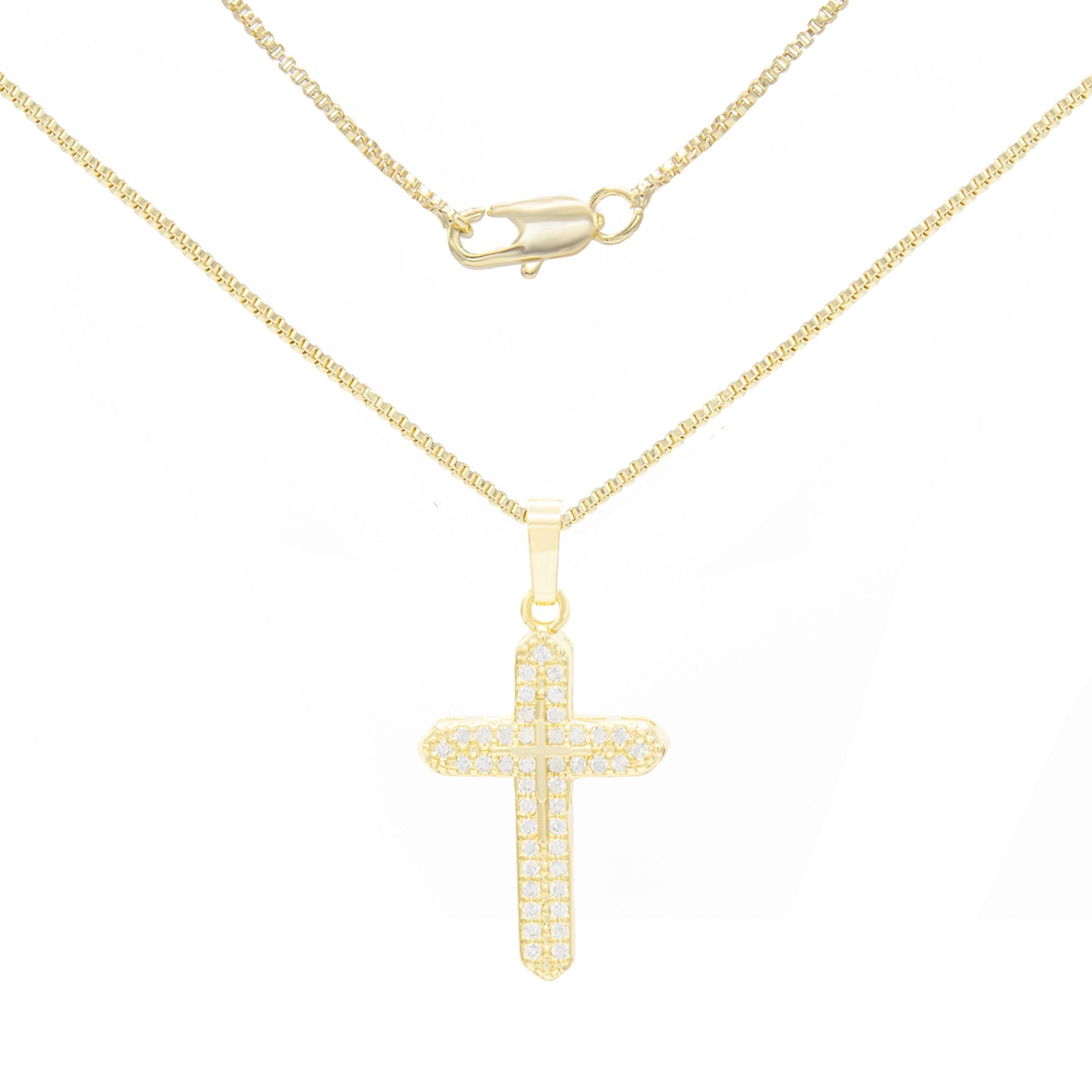 Cross 3 Cubic Zirconia Pendant With 14K Gold Filled Rope Box Curb Chain Necklace Set 18" 20" 24" image