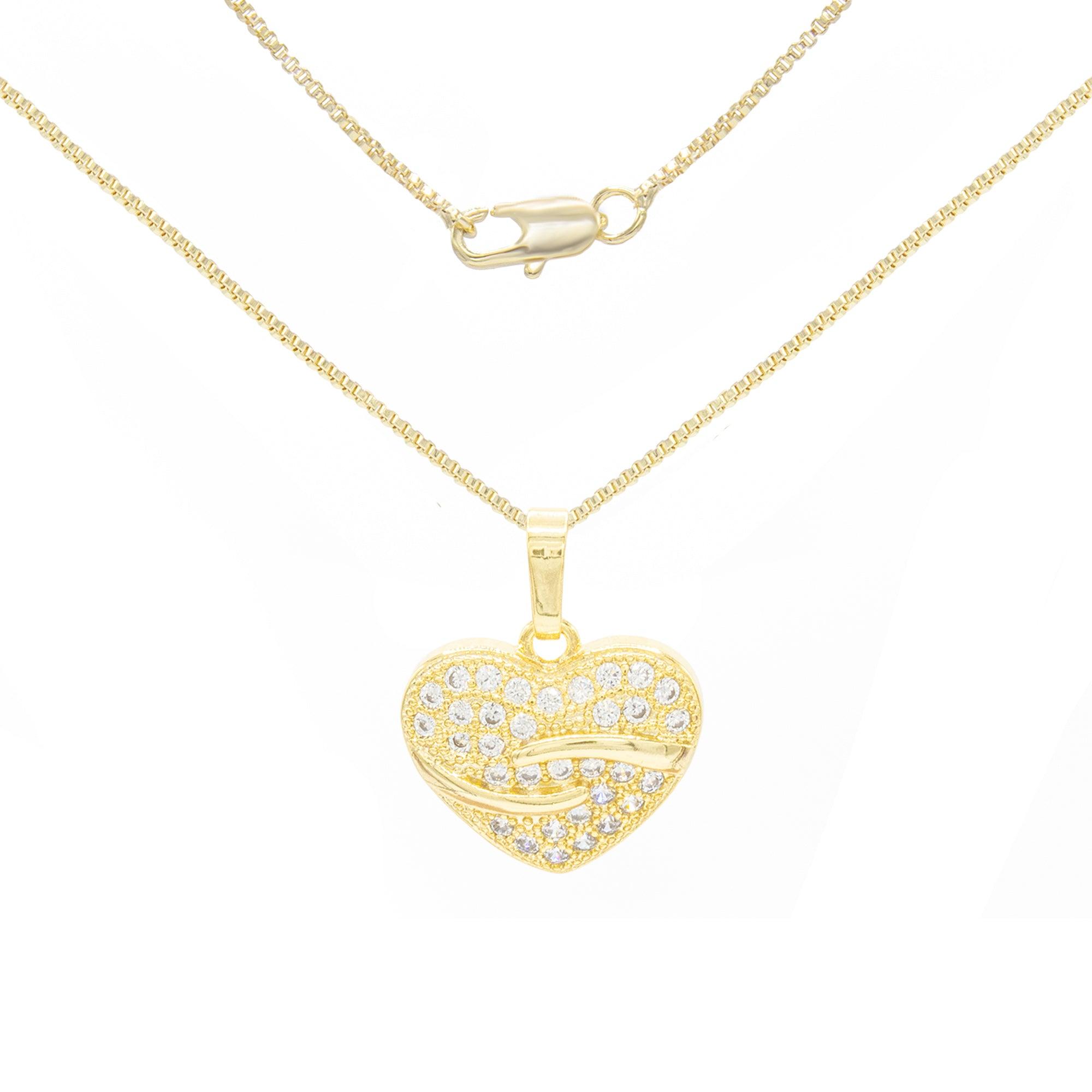 Heart Cubic Zirconia Pendant With 14K Gold Filled Rope Box Curb Chain Necklace Set 18" 20" 24"