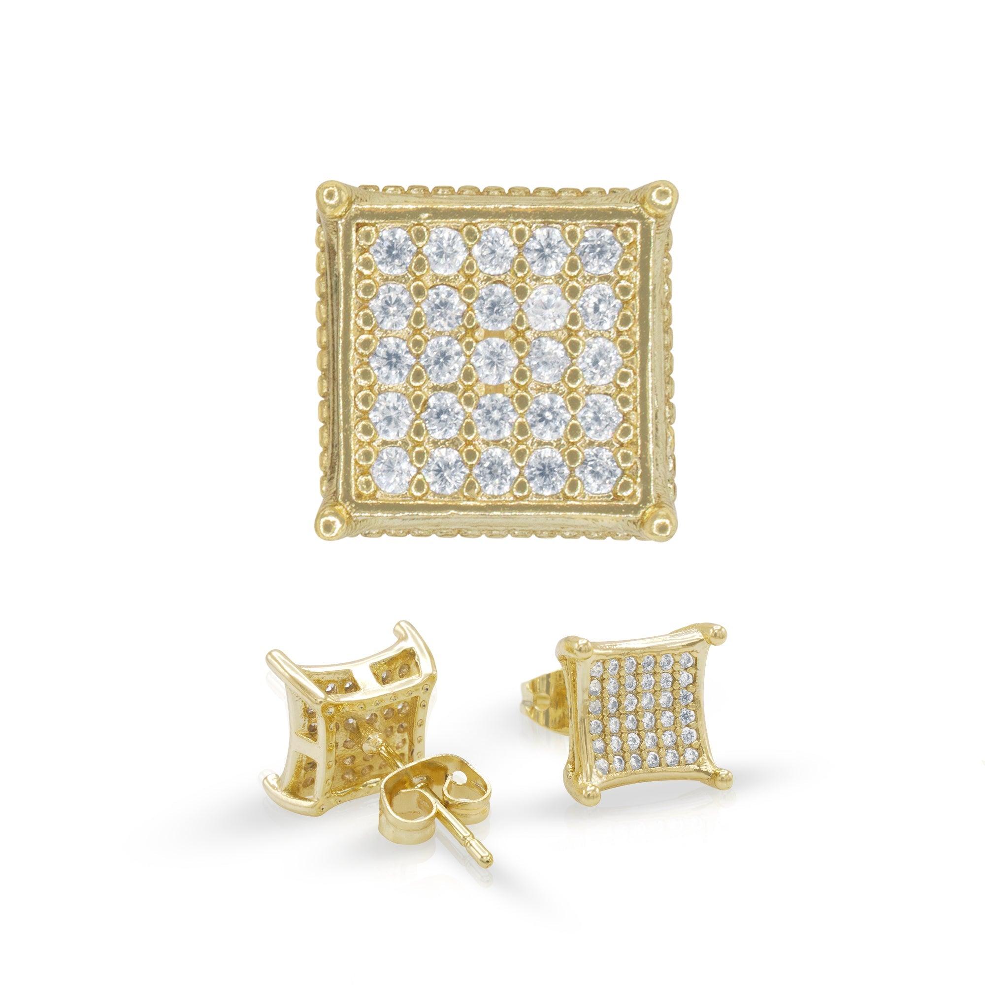 Square 18 Cubic Zirconia Earrings 14K Gold Filled Silver Hip Hop Studs Jewelry Women Men