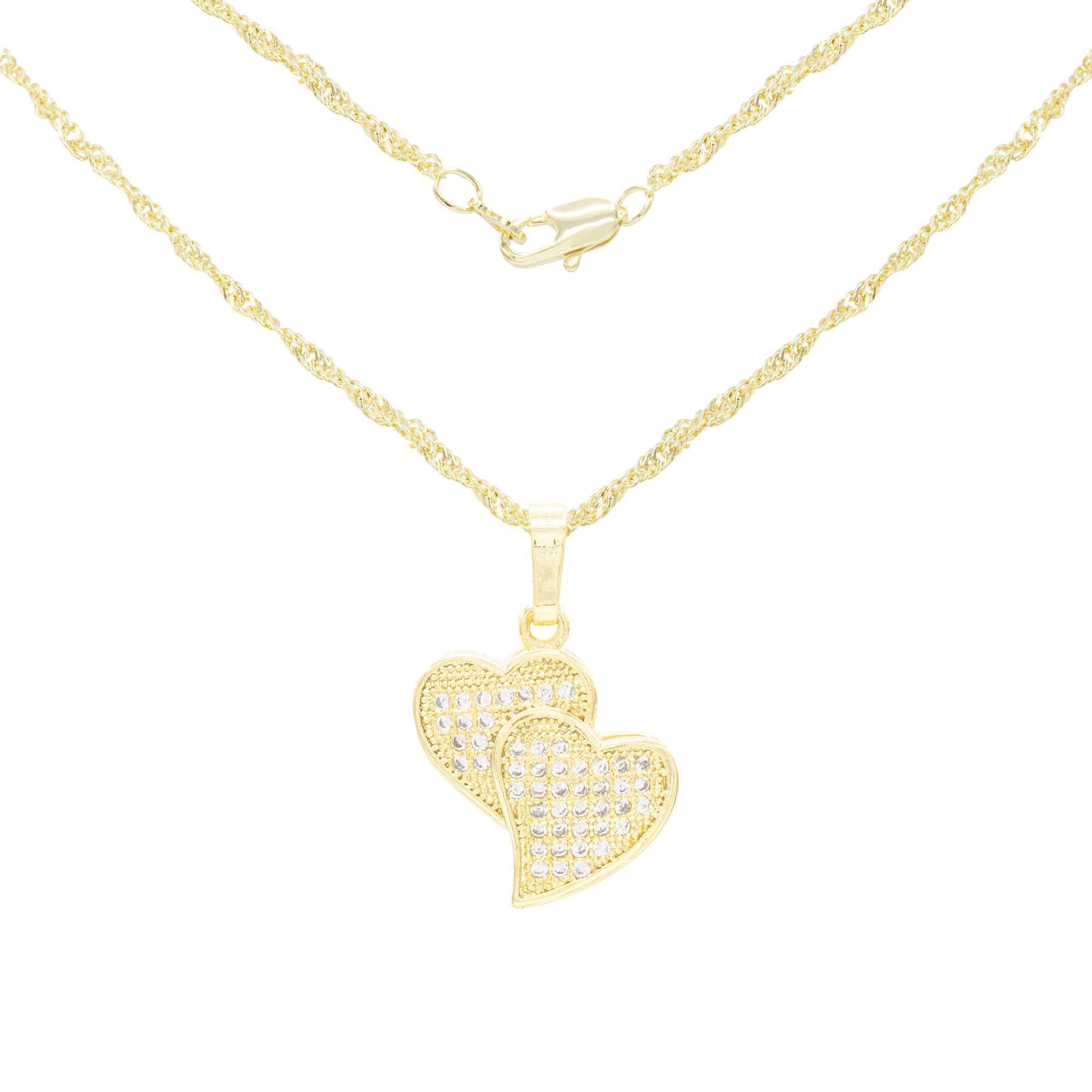 Double Hearts Cubic Zirconia Pendant With 14K Gold Filled Rope Box Cuban Chain Necklace Set - 18", 20", 24" image