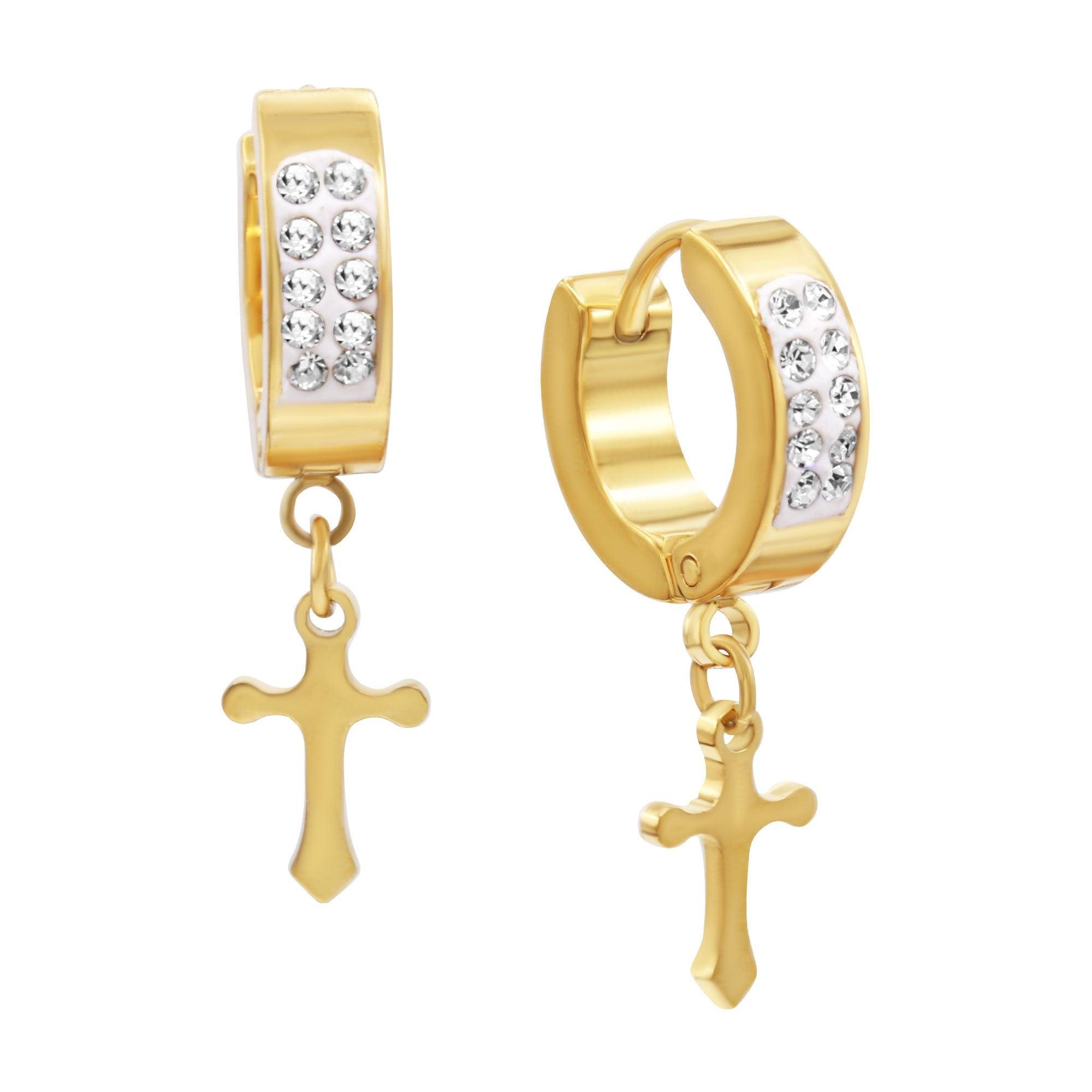 Cross Pendant Cubic Zirconia Huggie Hoop Earrings 14K Gold Plated Silver Black Wholesale Jewelry image