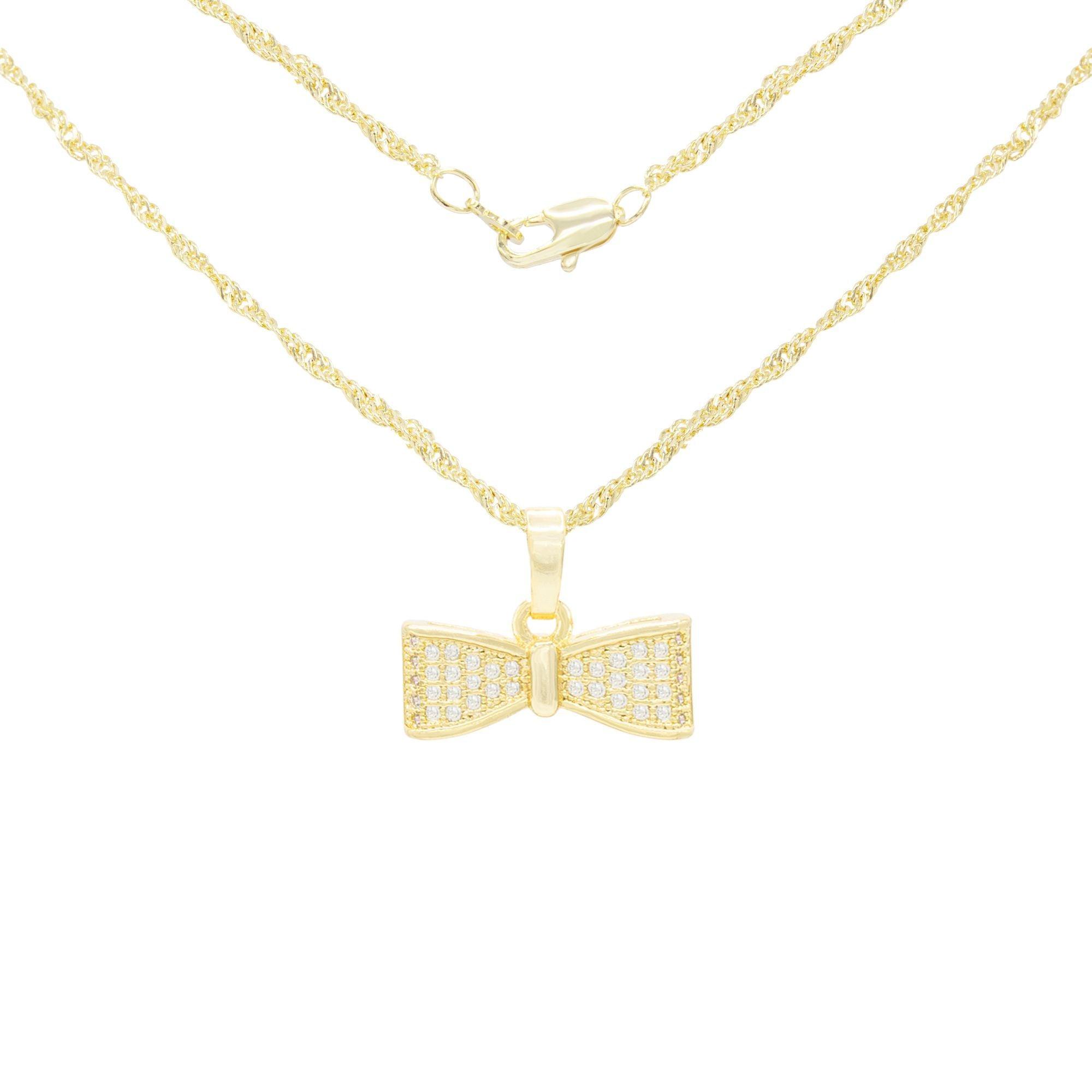 Bow Tie Cubic Zirconia Pendant With 14K Gold Filled Rope Box Curb Chain Necklace Set - 18", 20", 24"