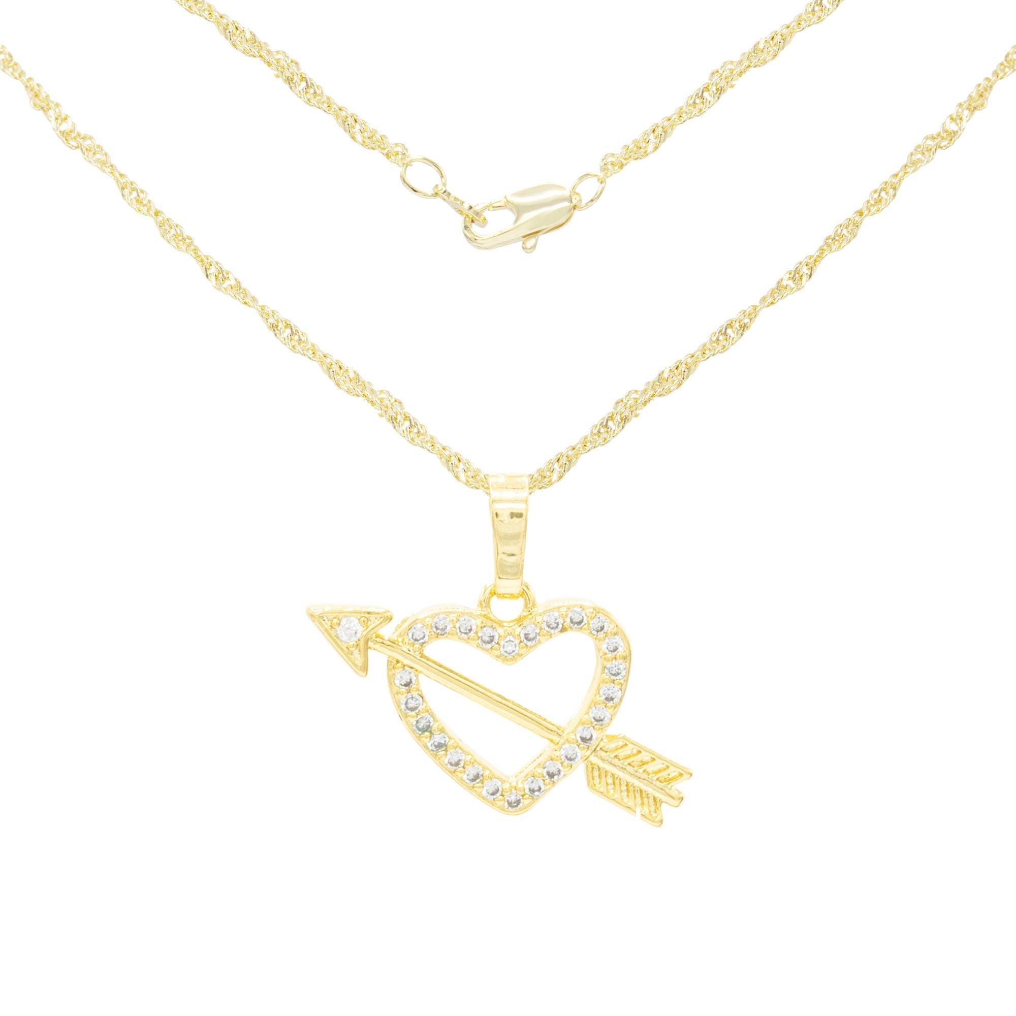 Heart With Arrow Cubic Zirconia Pendant With 14K Gold Filled Rope Box Curb Chain Necklace Set 18" 20" 24"