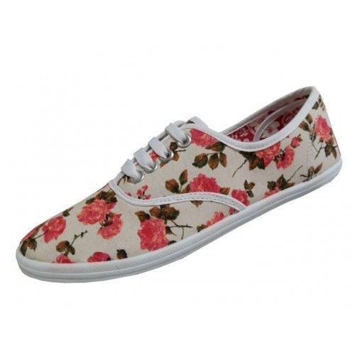 24 Wholesale Women's Print Canvas Shoes Floral Print image