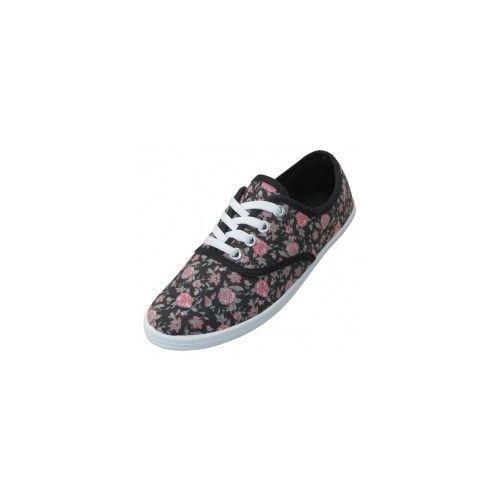 24 Wholesale Women's Black Floral Printed Canvas Shoes image