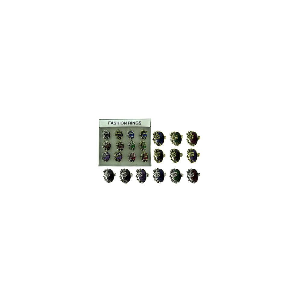 36 Wholesale Box Of Twelve Rings With A Large Oval Shaped Jewel And A Metal Peacock Accent image
