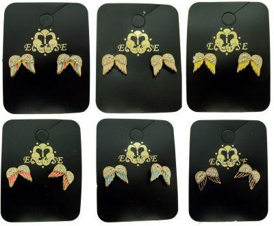 36 Wholesale Gold Tone Wing Shaped Earrings With Colored Feathers And Crystal Accents image
