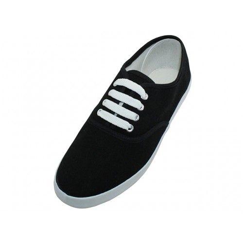 24 Wholesale Women's Comfortable Casual Canvas Lace Up Shoes In Black On White Sole Sizes 6-11 image