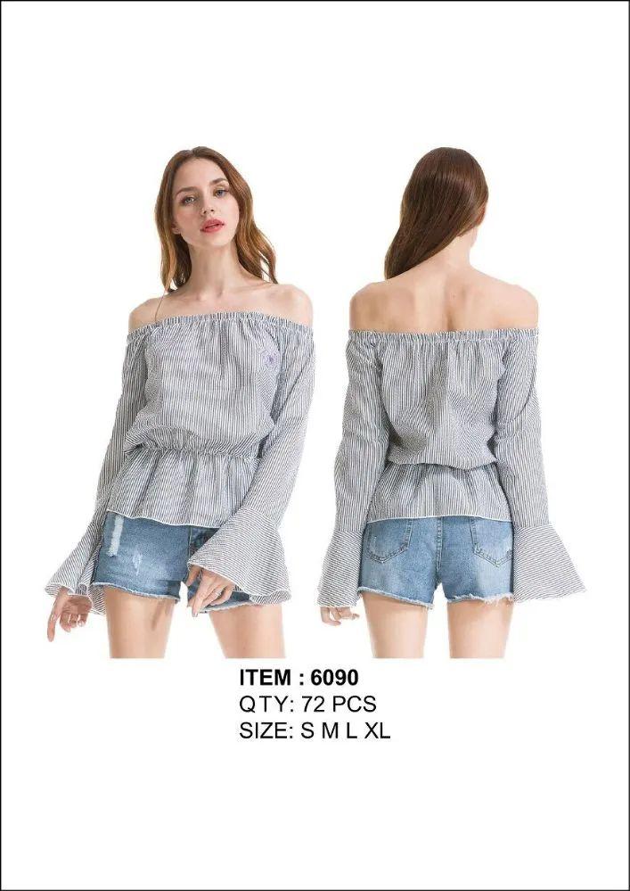 36 Wholesale Women's Fashion Striped Ruffle Top image