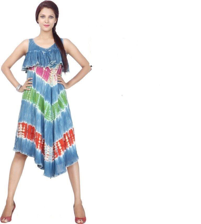 48 Wholesale Women's Denim Ruffle Printed Maxi Dress image