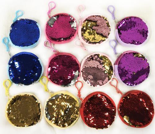 12 Wholesale Double Sided Sequins Round Coin Purse Assorted Colors image