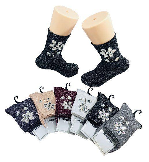 24 Wholesale Ladies Fashion Socks Flower Gems Sparkle image