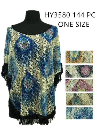 144 Wholesale Womens Summer Printed Poncho With Fringes image