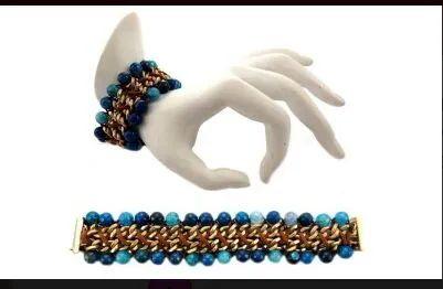12 Wholesale Double Layered Chain Linked Bracelet Woven Together By Brown Leather With Semiprecious Stones Attached On The Two Outer Sides image