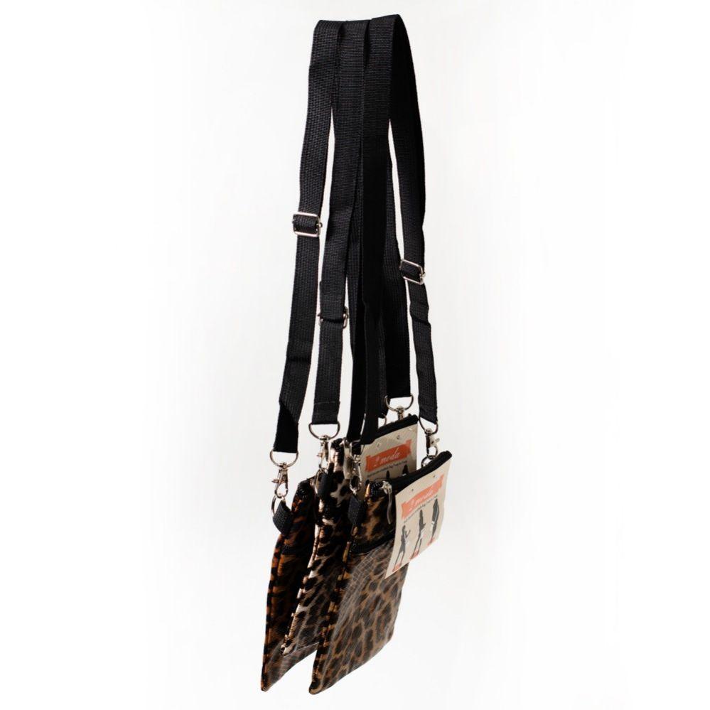 24 Wholesale 7 Inch Crossbody Bags 3 In 1 With 2 Zippered Pockets In 3 Assorted Leopard Prints image