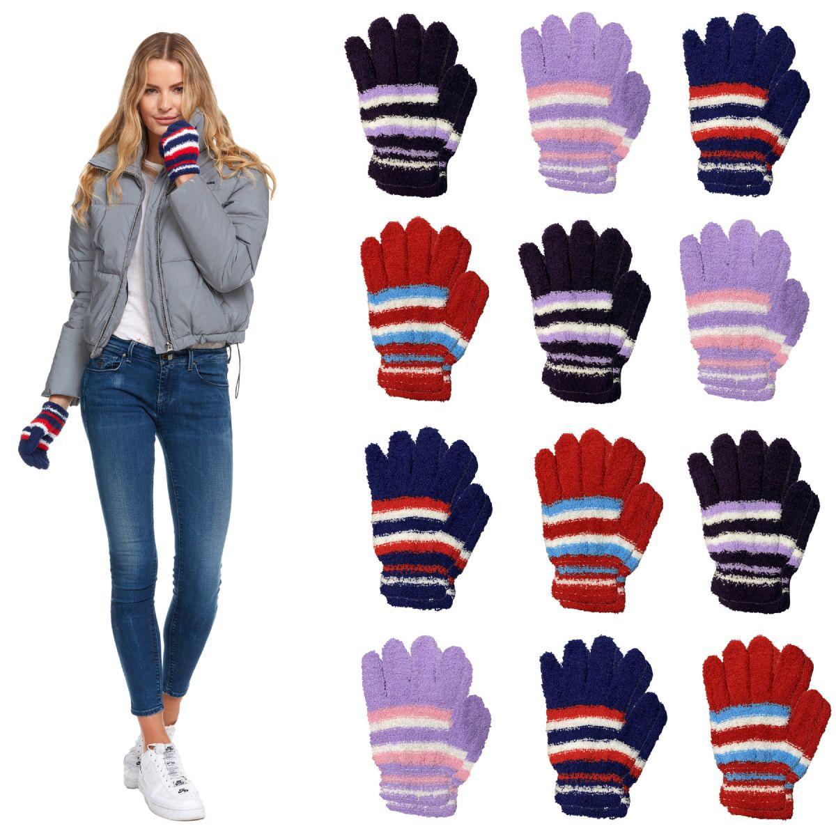 60 Wholesale Yacht & Smith Womens Warm Assorted Colors Striped Fuzzy Gloves image