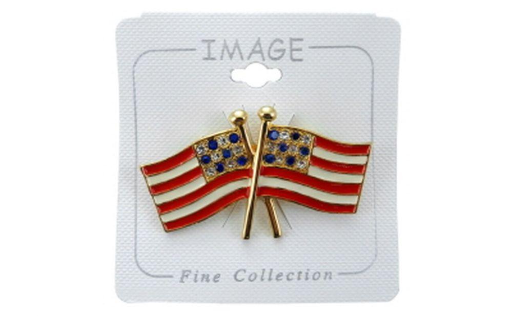 96 Wholesale Double American Flag Pin With Rhinestones Representing The Stars image