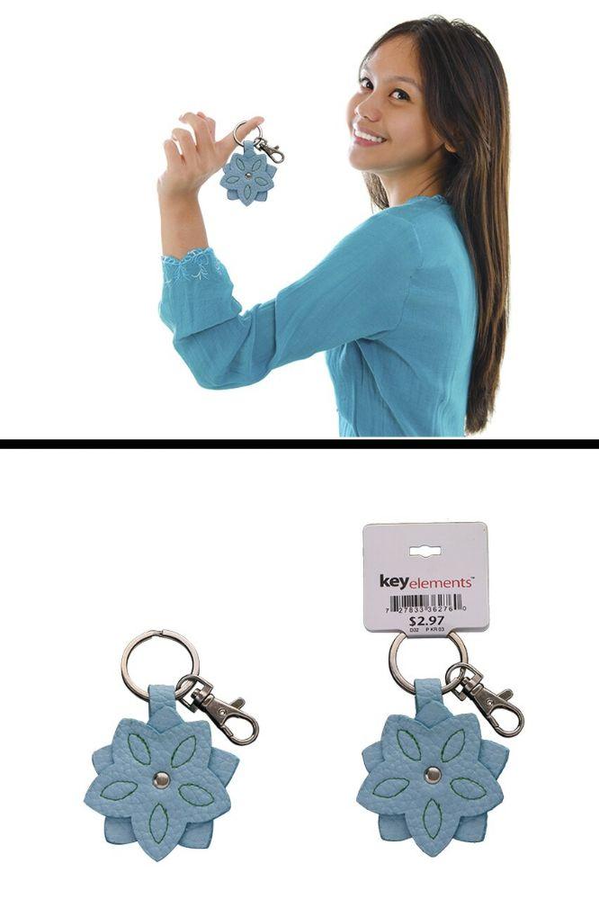 96 Wholesale Blue Leather Like Flower Keychain image