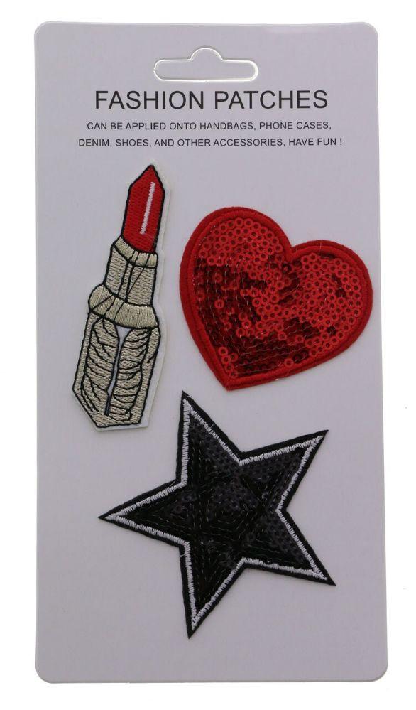 96 Wholesale Sequin Fashion Patches Heart Star And Lipstick image