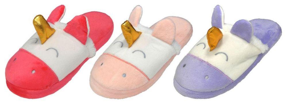48 Wholesale Girl's Terry Cloth Mule Unicorn Slippers W/ Soft Footbed image