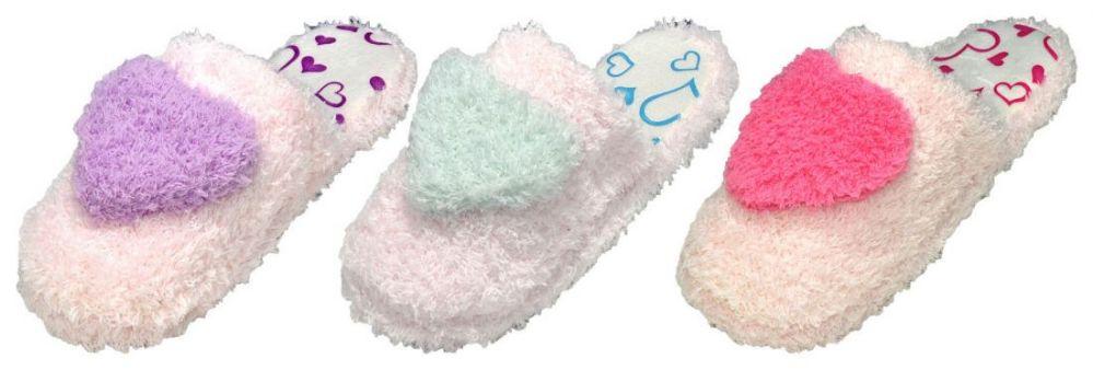 48 Wholesale Girl's Faux Fur Mule Slippers W/ Heart Printed Footbed image