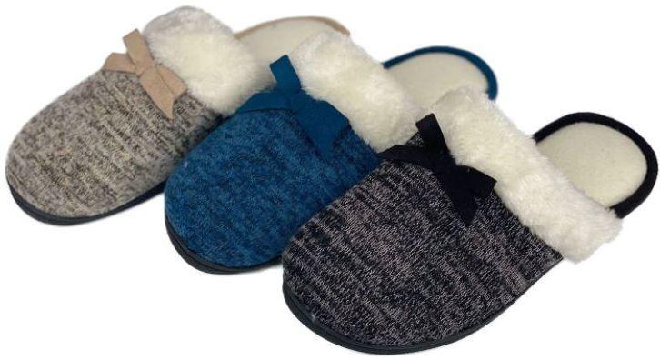 36 Wholesale Women's Jersey Knit Mule Slippers W/ Faux Fur Trim & Satin Bow image