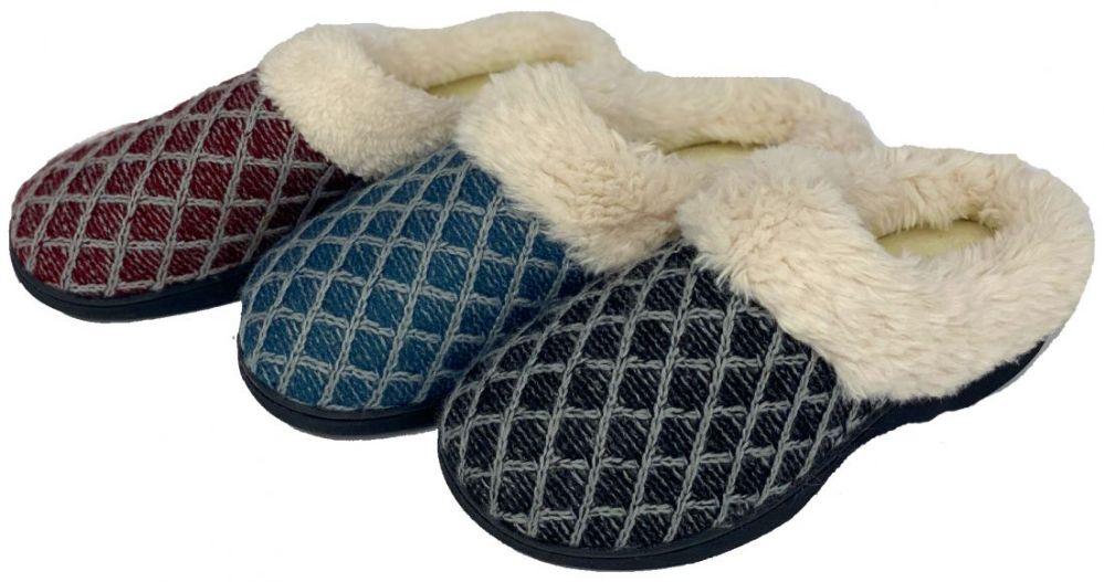30 Wholesale Women's Quilted Knit Clog Slippers W/ Faux Fur Trim image
