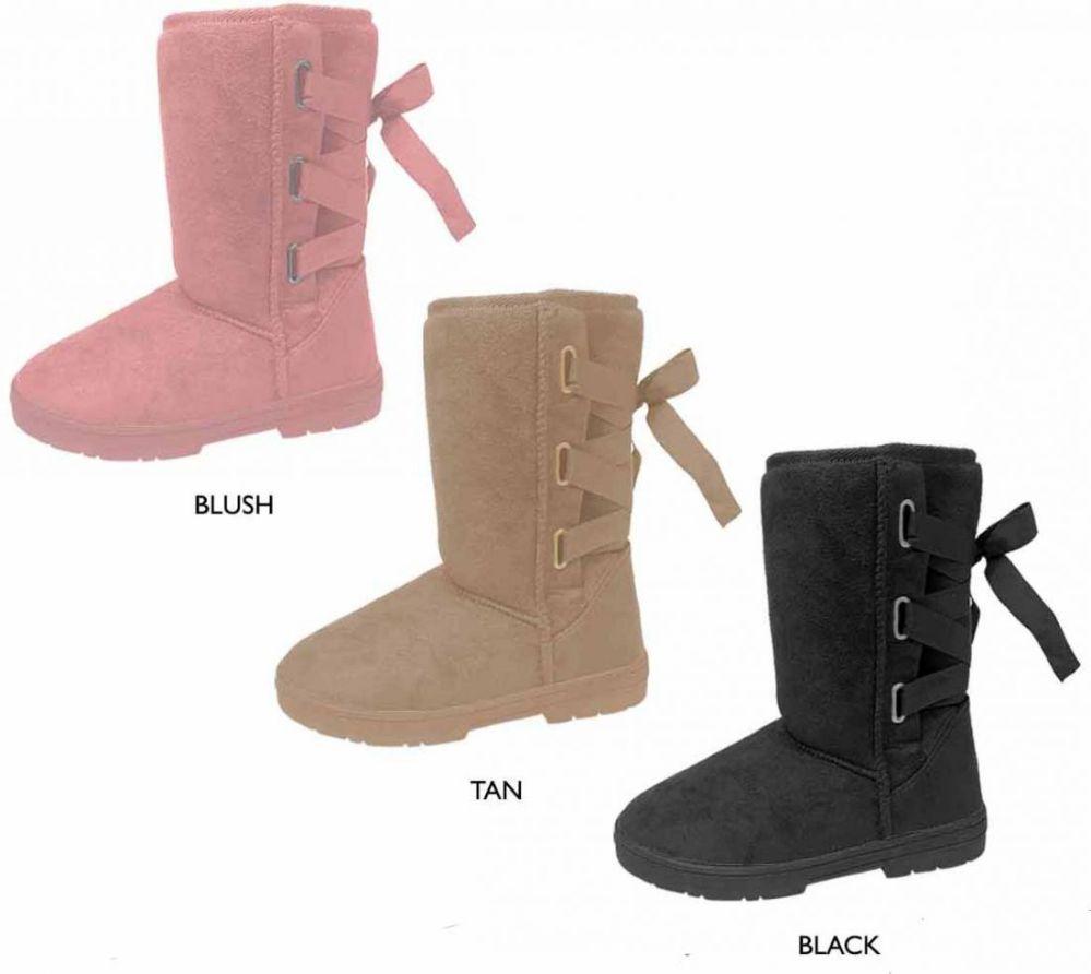 12 Wholesale Women's 9" Microsuede Winter Boots W/ Back Laces & Ribbon image
