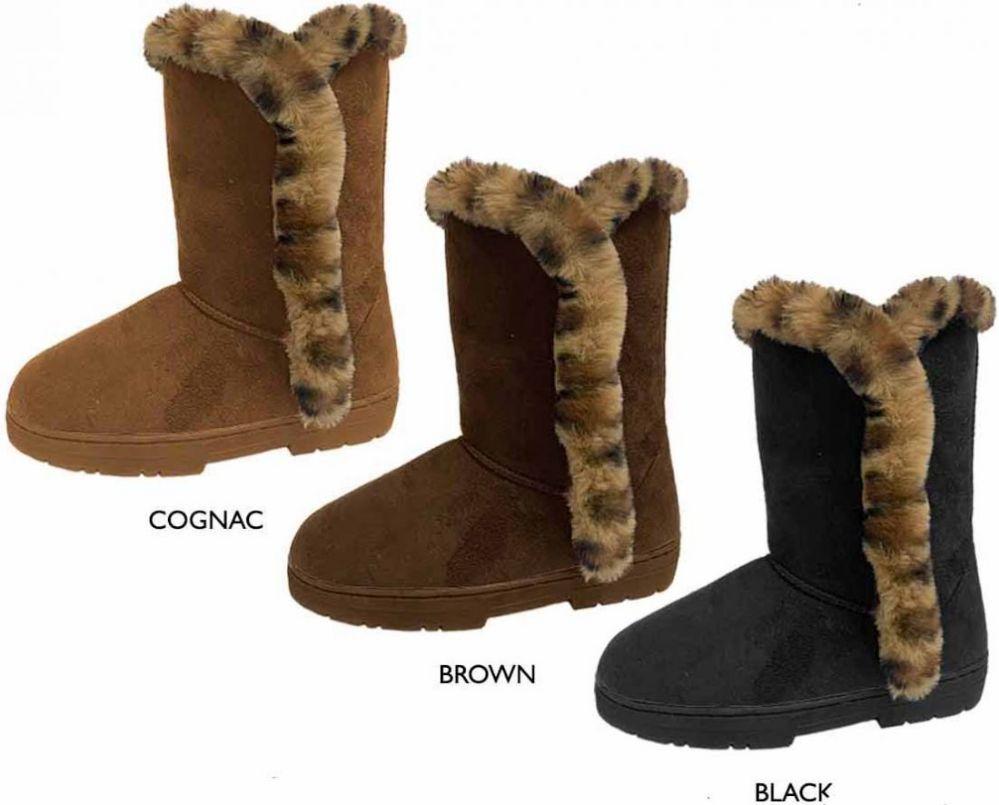 12 Wholesale Women's 9" Microsuede Winter Boots W/ Leopard Faux Fur Trim image