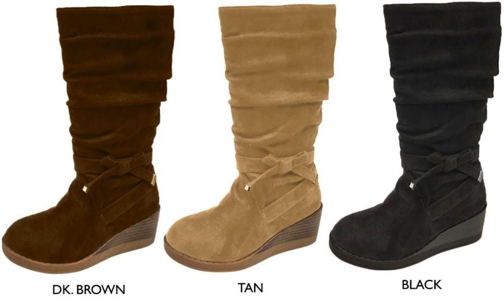 12 Wholesale Girl's Tall Wedge Microsuede Slouch Boots W/ Bow image