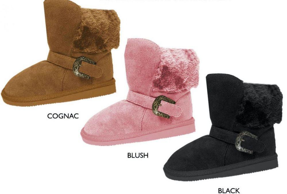 12 Wholesale Girl's Microsuede Winter Boots W/ Faux Fur Cuff & Buckled Strap image