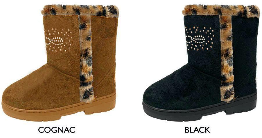12 Wholesale Girl's Microsuede Winter Boots W/ Bebe Rhinestone Logo & Leopard Faux Fur Trim image