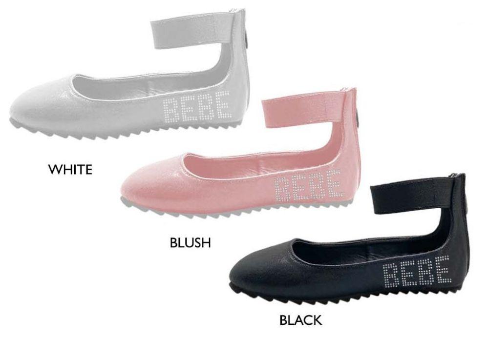 12 Wholesale Girl's Shimmer Patent Flats W/ Elastic Ankle Strap, Bebe Rhinestone Logo, & Treaded Soles image