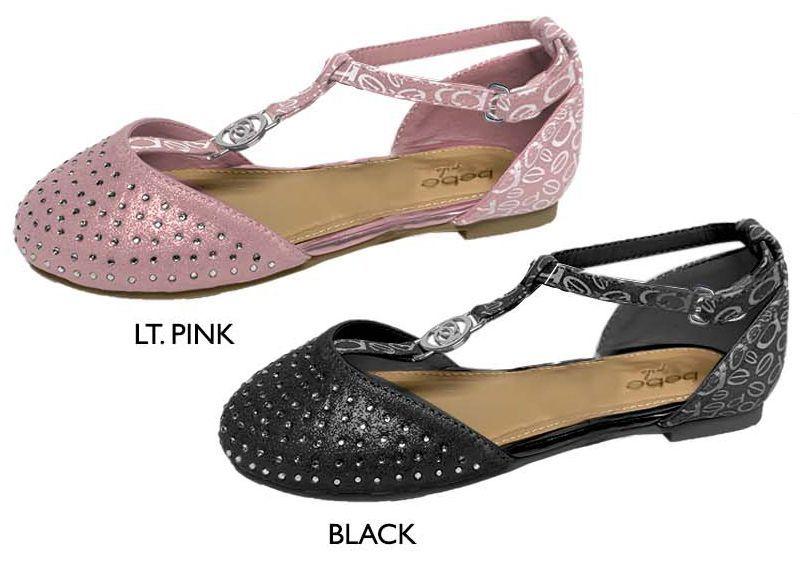 12 Wholesale Girl's Shimmer Faux Leather Flats W/ Rhinestone & Bebe Print Details image