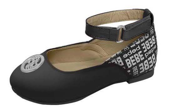 12 Wholesale Toddler Girl's Ankle Strap Ballet Flats W/ Bebe Heel Print & Stud Embellishment - Black image