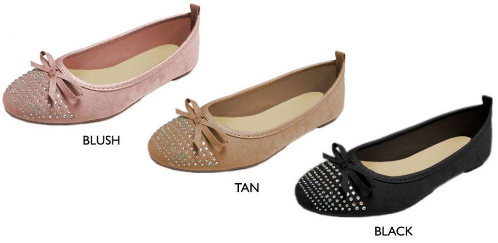 12 Wholesale Women's Microsuede Flats W/ Rhinestone Embelishments & Cushioned Insole image