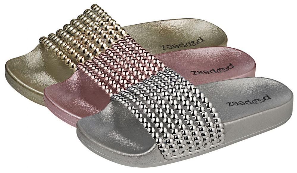 36 Wholesale Girl's Metallic Slide Sandals W/ Pearl Studded Strap image