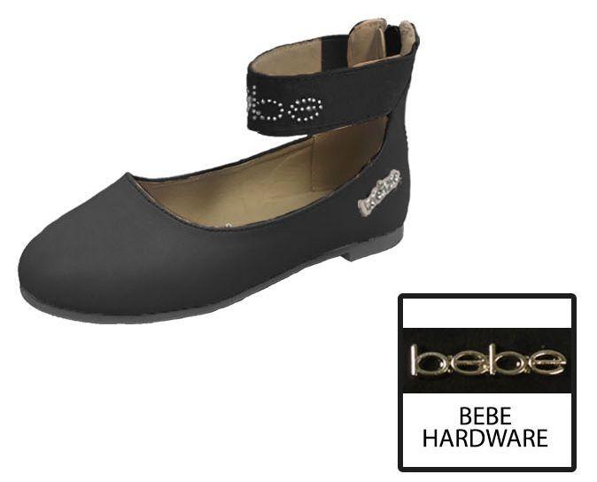 12 Wholesale Toddler Girl's Ankle Strap Flats W/ Stud Embroidered Strap & Logo Embellishment - Black image