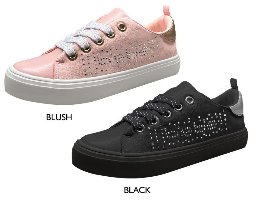 12 Wholesale Girl's Lace Up Microsuede Sneakers W/ Bebe Rhinestone Logo & Shimmer Laces image