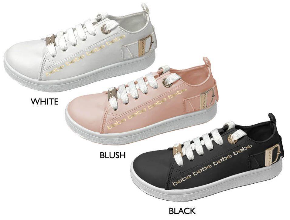 12 Wholesale Girl's Lace Up Sneakers W/ Gold Bebe Print & Hardware image