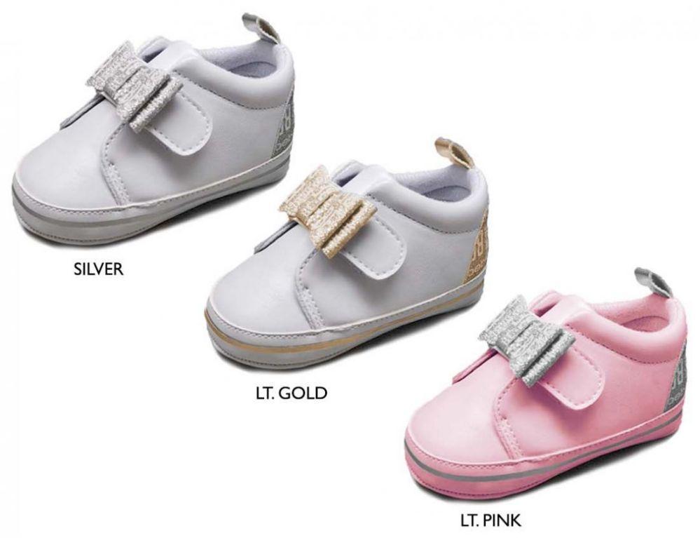 18 Wholesale Infant Girl's Glitter Bow Sneakers W/ Bebe Print Heel & Metallic Stripe Sidewall image