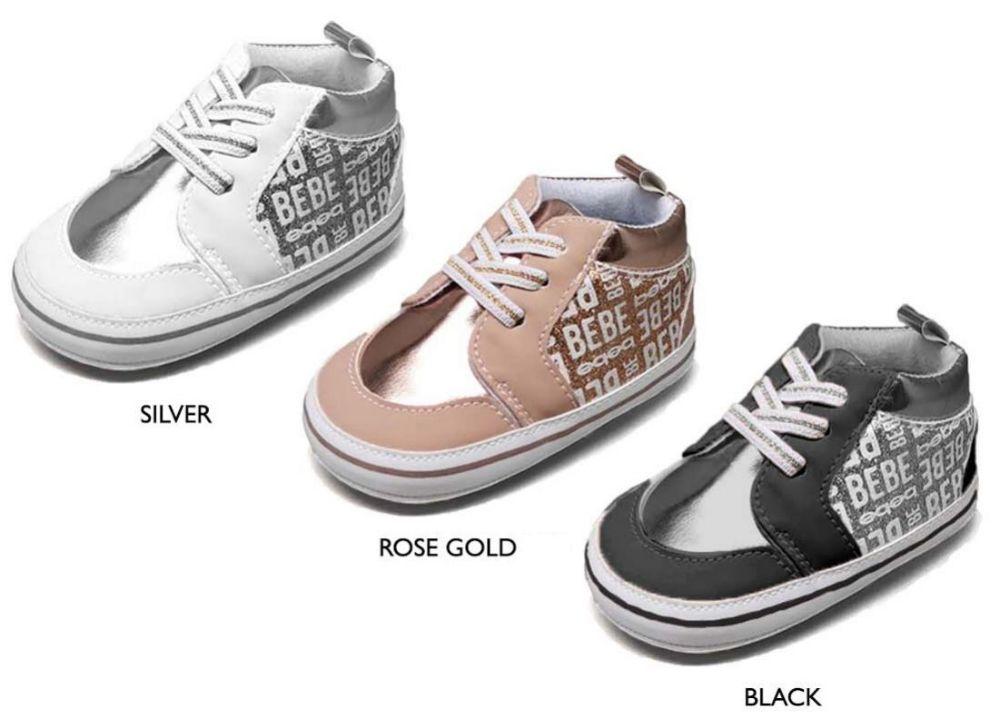 36 Wholesale Infant Girl's Bebe Print Glitter Sneakers W/ Metallic Details & Elastic Straps image