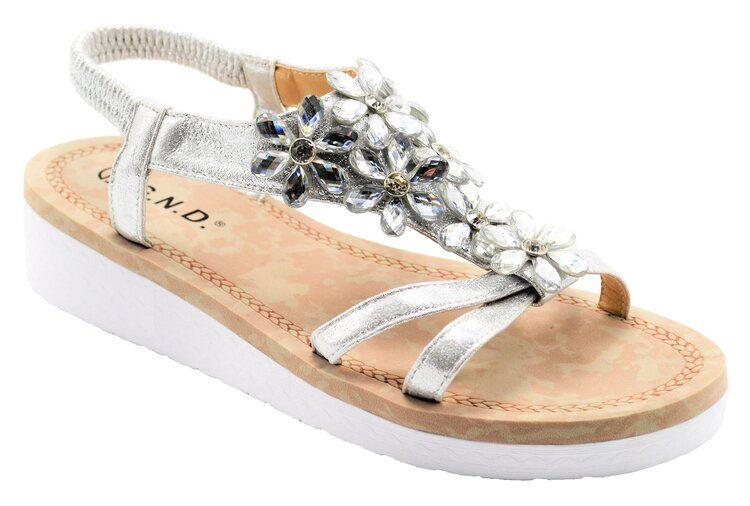 12 Wholesale Fashion Sandals For Women Bohemian Flowers Ankle Strap Sole Open Toe In Color Silver Size 5-10 image