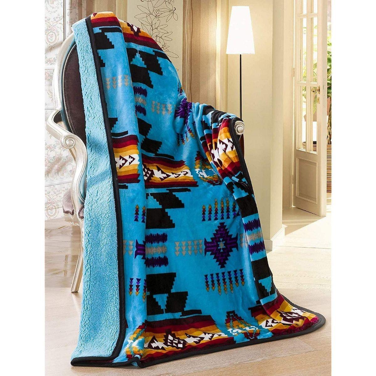 2 Wholesale Southwest Aztec Sherpa Borrego Fleece Throw Blanket In Torquoise image