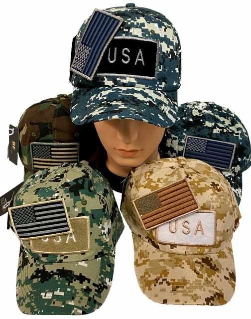 24 Wholesale Camo Hat With Detachable Flag Patch Usa image